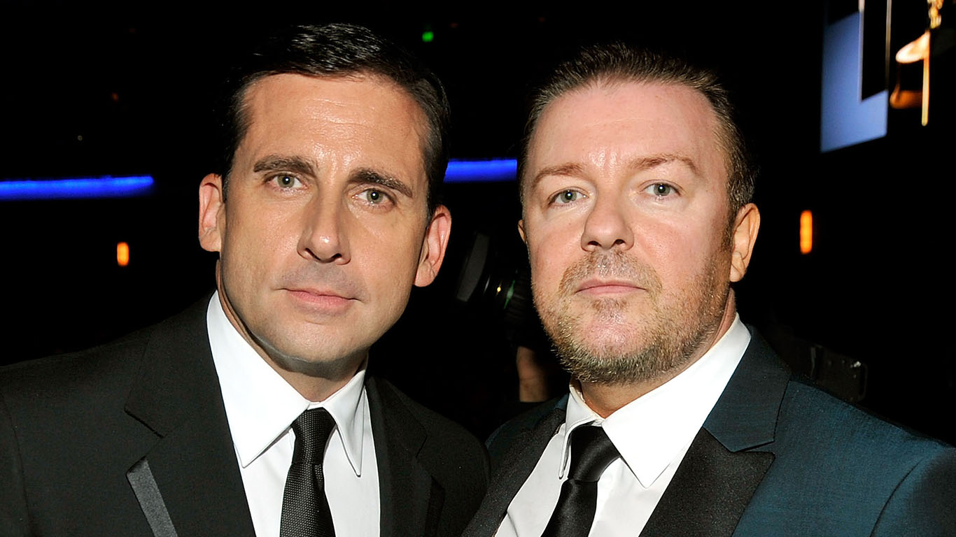 Actors Steve Carell and Ricky Gervais attend the 61st Primetime Emmy Awards