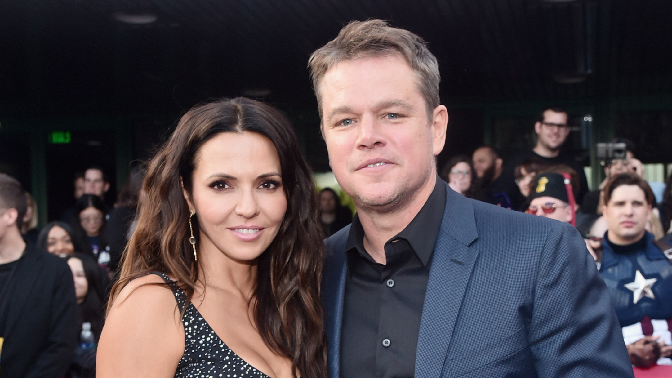 Luciana Barroso and Matt Damon attend the Los Angeles World Premiere of Marvel Studios' "Avengers: Endgame" at the Los Angeles Convention Center on April 23, 2019 in Los Angeles, California. (Photo by Alberto E. Rodriguez/Getty Images for Disney) Luciana Barroso and Matt Damon on the red carpet