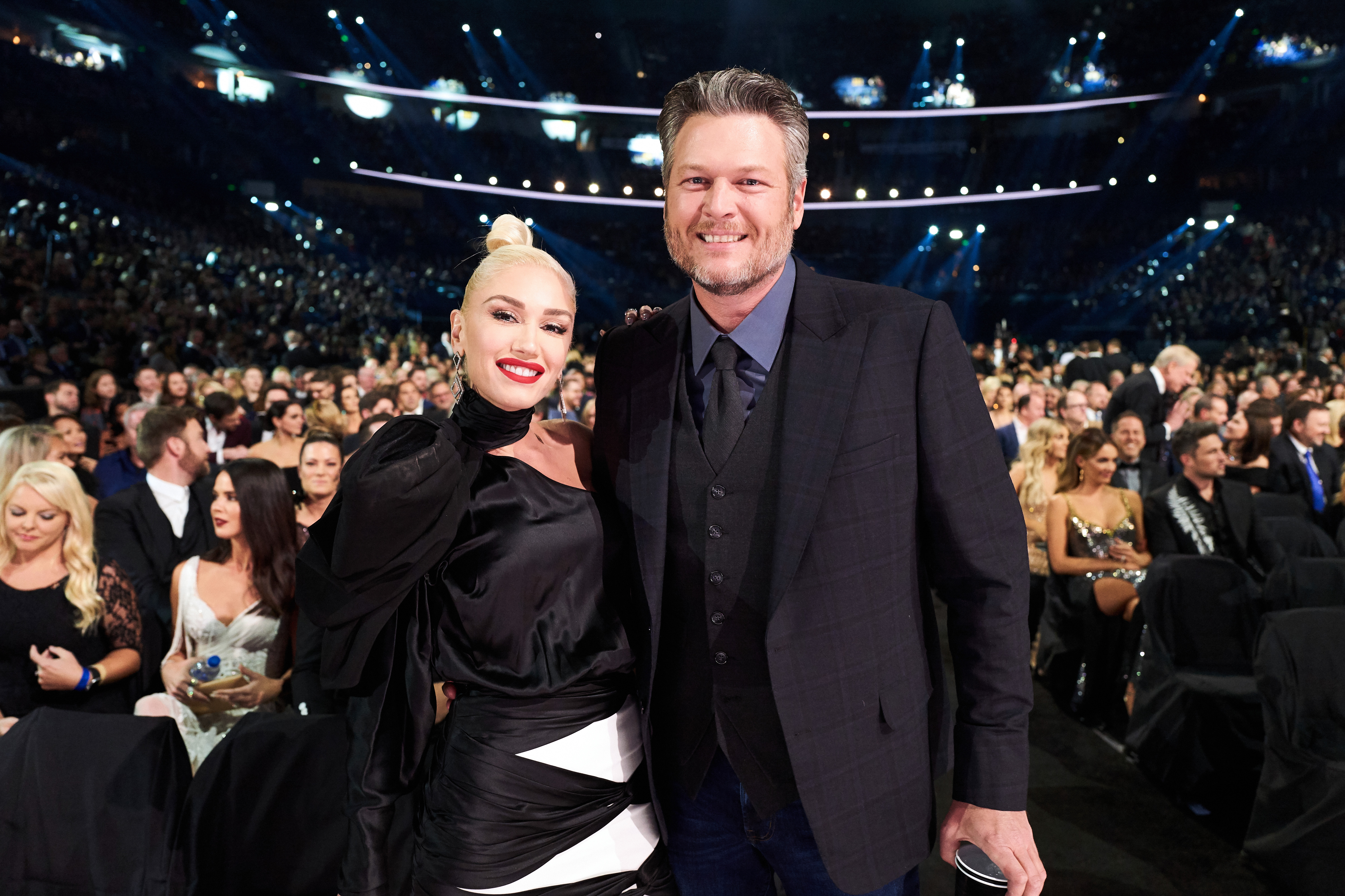 NASHVILLE, TENNESSEE - NOVEMBER 13: (EXCLUSIVE COVERAGE - FOR EDITORIAL USE ONLY) Gwen Stefani (L) and Blake Shelton attend the 53rd annual CMA Awards at the Bridgestone Arena on November 13, 2019 in Nashville, Tennessee. (Photo by John Shearer/Getty Images for the Country Music Association)