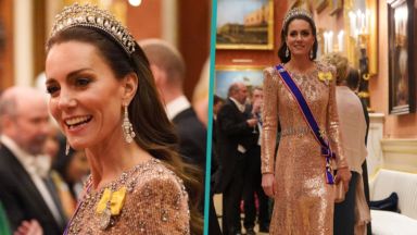 Kate Middleton Dazzles In Tiara & Sequined Gown At Buckingham Palace Reception