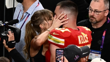 Taylor Swift Kisses Travis Kelce On Football Field After Chiefs Super Bowl LVIII Win