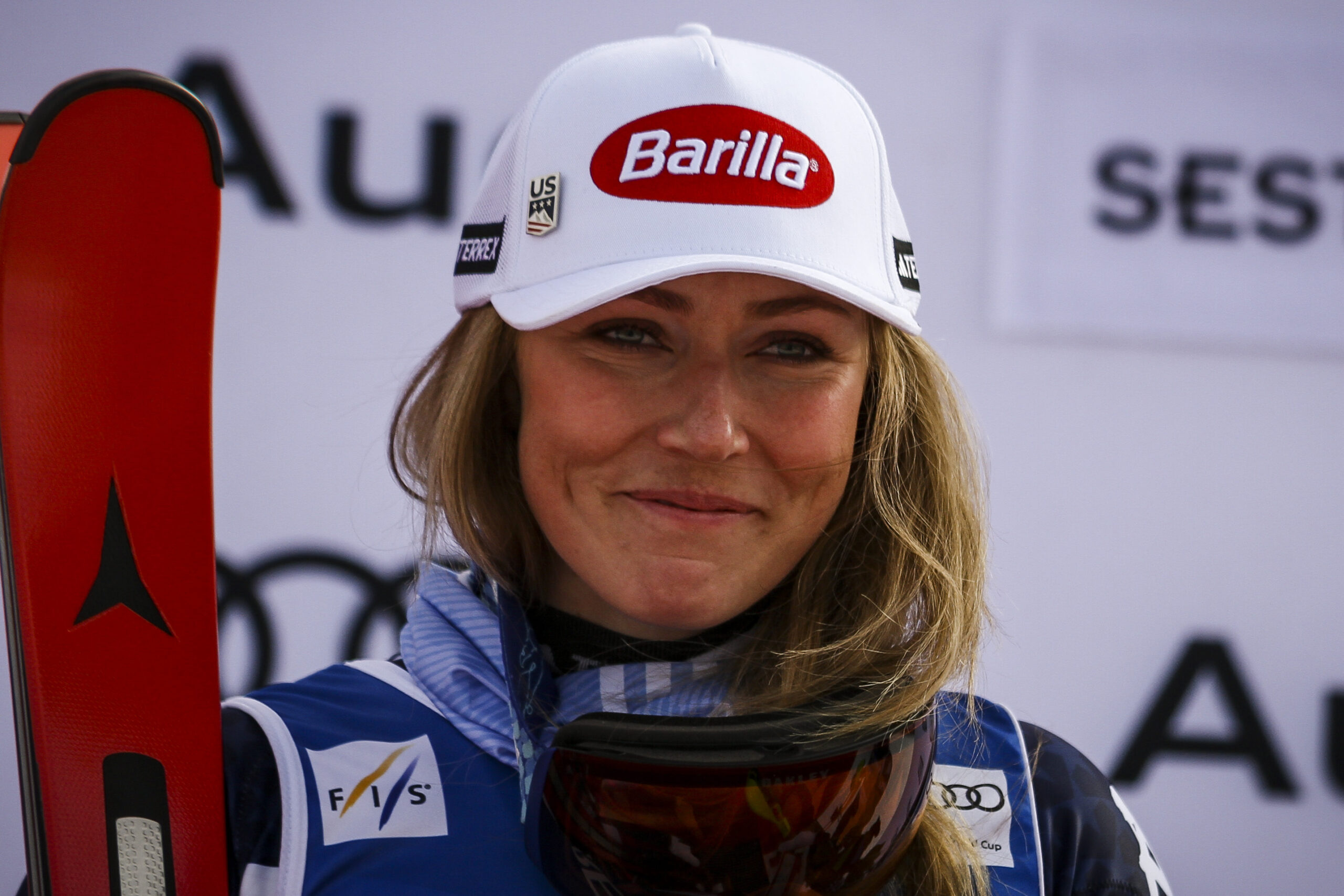 Mikaela Shiffrin of Team USA celebrates during the prize-giving ceremony after the Audi FIS Alpine Ski World Cup Women's Slalom in Sestriere, Italy, on February 23, 2025. US Mikaela Shiffrin wins ahead of Croatia's Zrinca Ljutic, who is second, and US Paula Moltzan, who is third. Mikaela Shiffrin takes her 100th World Cup skiing win with the Sestriere slalom. (Photo by Matteo Bottanelli/NurPhoto via Getty Images)