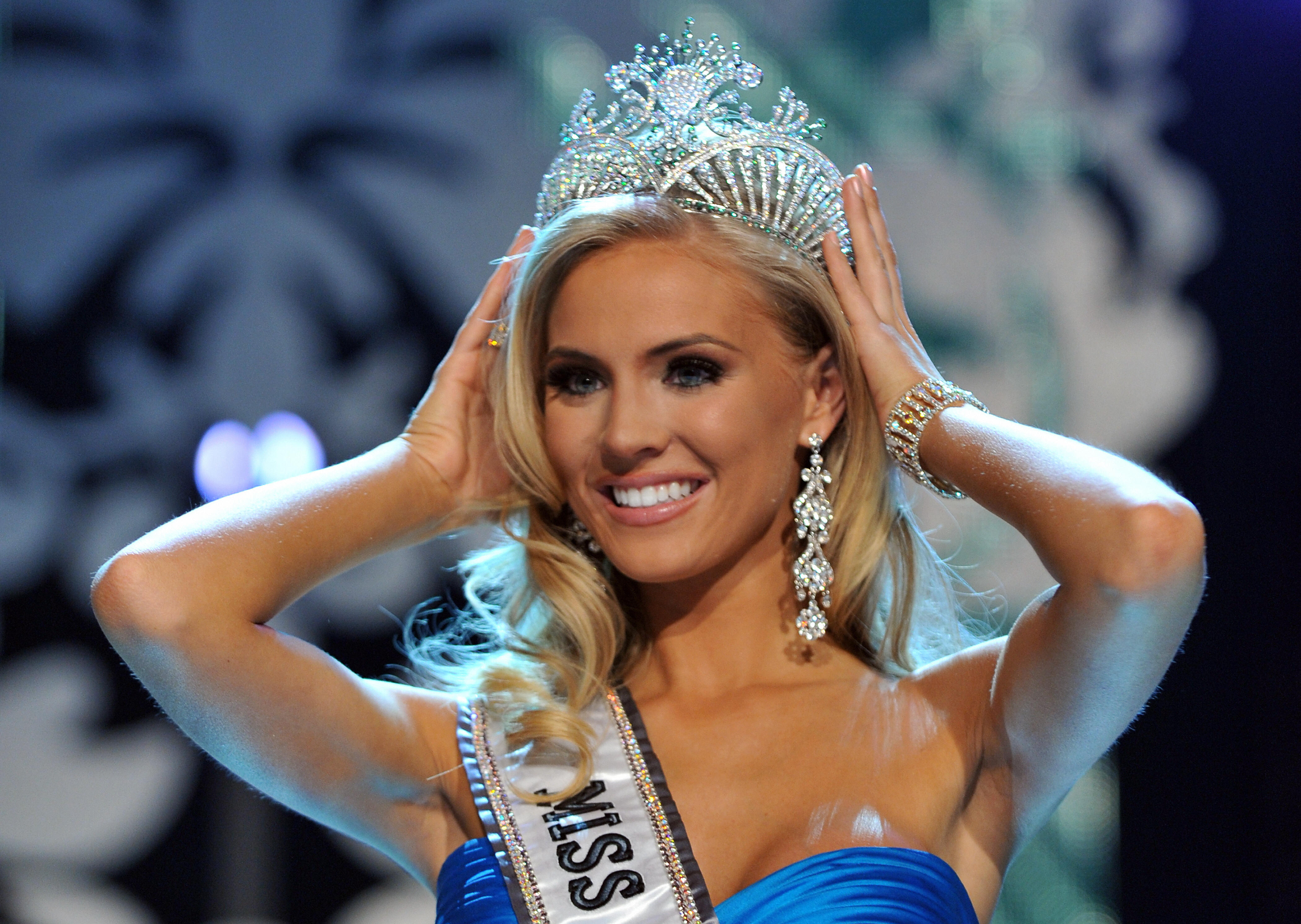 Newly crowned Miss USA Kristen Dalton of North Carolia reacts after being crowned at the Planet Hollywood Casion and Resort in Las Vegas